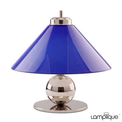 Lampa stołowa Art déco T1945 niklowana z litego mosiądzu, klosz Indigo